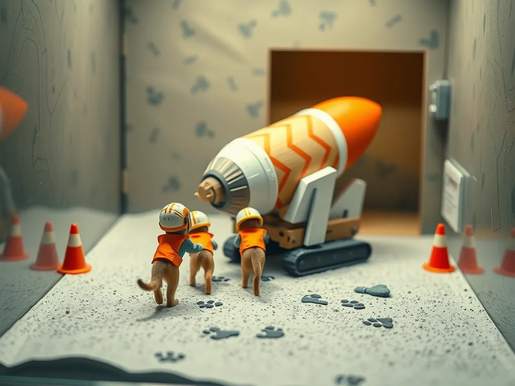 A miniature diorama of cats guiding a large orange-and-white rocket into a hangar.