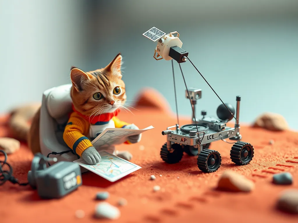A handmade diorama of a cat astronaut guiding a small Mars rover with a map and an overhead satellite.