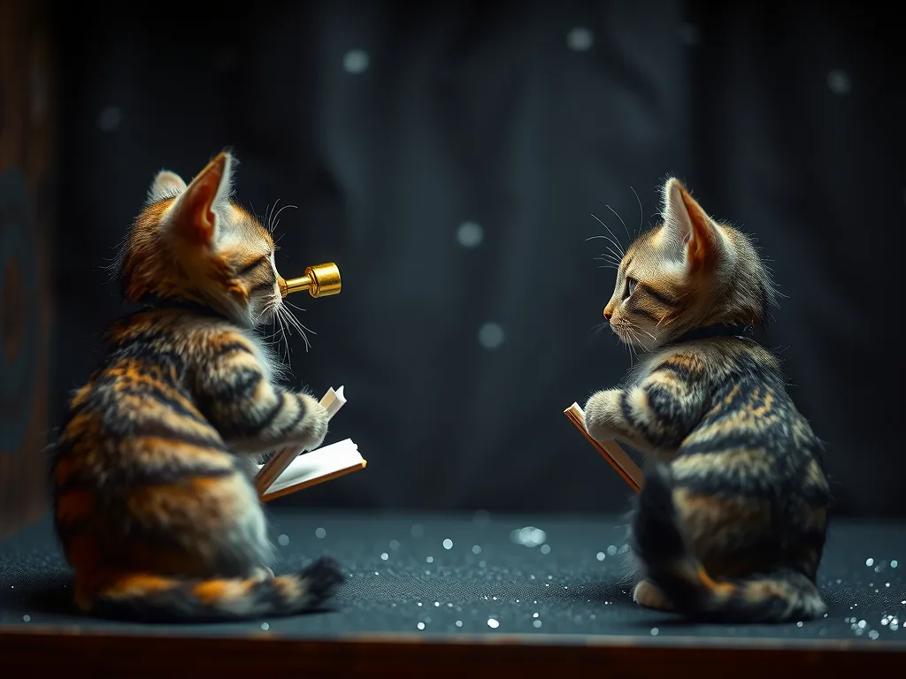 A moody diorama of two cats with tiny telescopes and notebooks looking at a nearly invisible dark galaxy display.